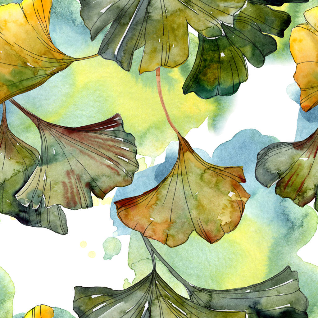 Follaje de ginkgo biloba amarillo y verde ilustración de acuarela. Patrón de fondo sin costuras
.  - Foto, imagen