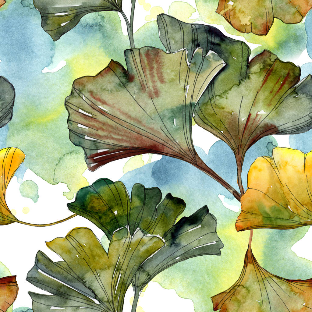 Follaje de ginkgo biloba amarillo y verde ilustración de acuarela. Patrón de fondo sin costuras
.  - Foto, Imagen