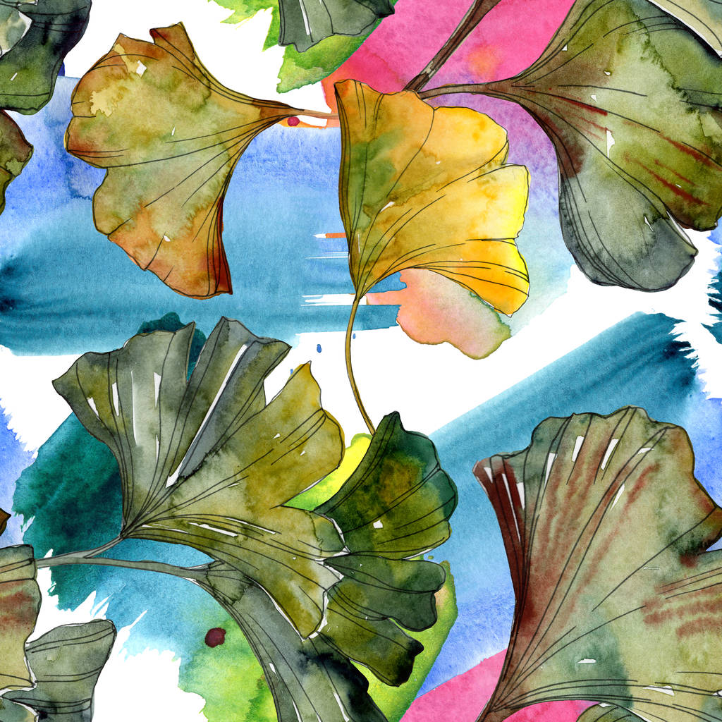 Жовте і зелене листя гінкго білоба акварельна ілюстрація. Безшовний візерунок тла
.  - Фото, зображення