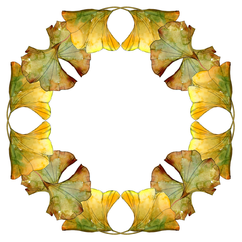 Amarillo ginkgo biloba follaje acuarela fondo ilustración conjunto. Marco ornamento borde con espacio de copia
. - Foto, imagen
