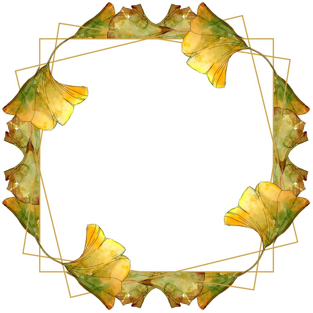 Verde y amarillo ginkgo biloba follaje acuarela ilustración conjunto. Marco ornamento borde con espacio de copia
. - Foto, Imagen