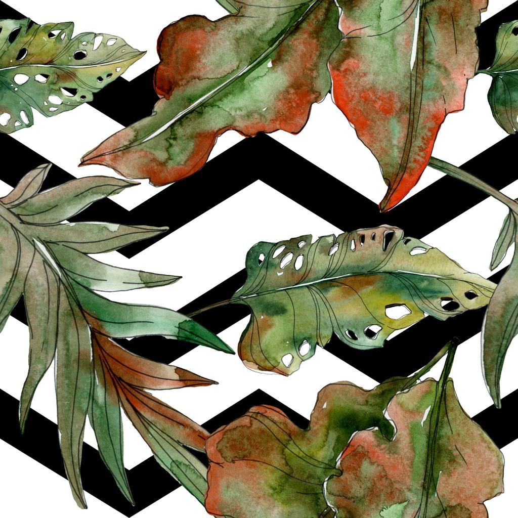 Egzotikus trópusi zöld Pálma levelek, fekete vonalakkal. Akvarell illusztráció varratmentes háttérben.  - Fotó, kép