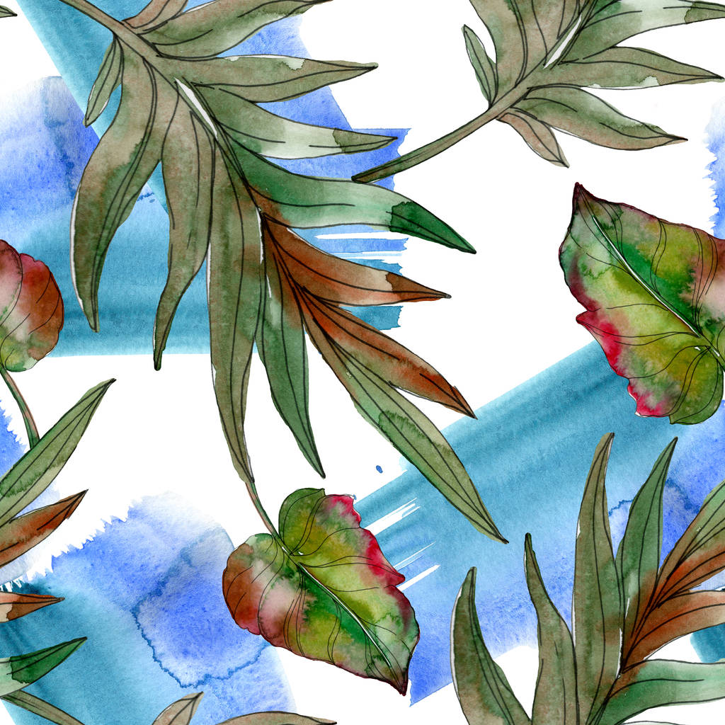 Exotic tropical green palm leaves. Watercolor illustration seamless background.  - Photo, Image