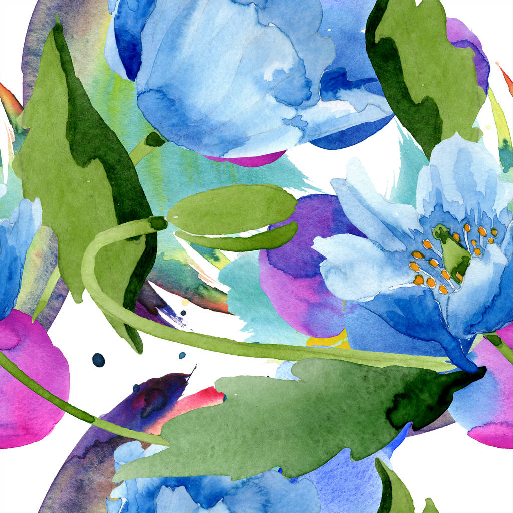 Blauer Mohn mit Blättern auf weißem Grund. Aquarell-Illustrationsset.  - Foto, Bild