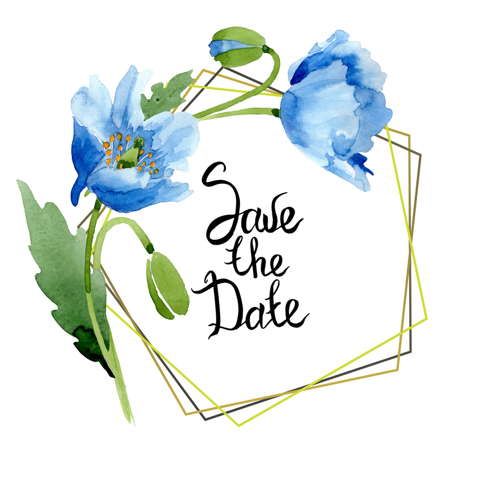 Blue poppies, leaves and buds with save the date lettering isolated on white. Watercolor illustration set.   - Photo, Image