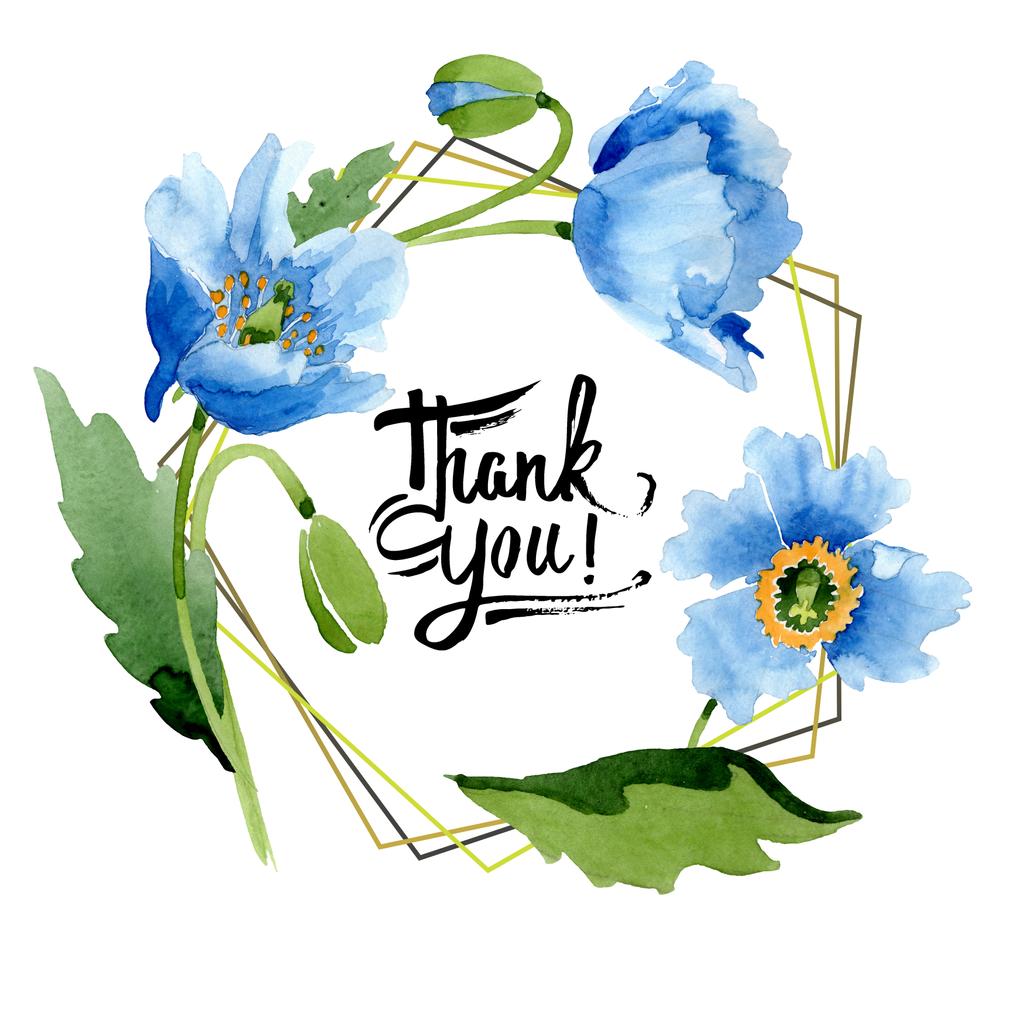 Blue poppies, leaves and buds with thank you lettering isolated on white. Watercolor illustration set.   - Photo, Image