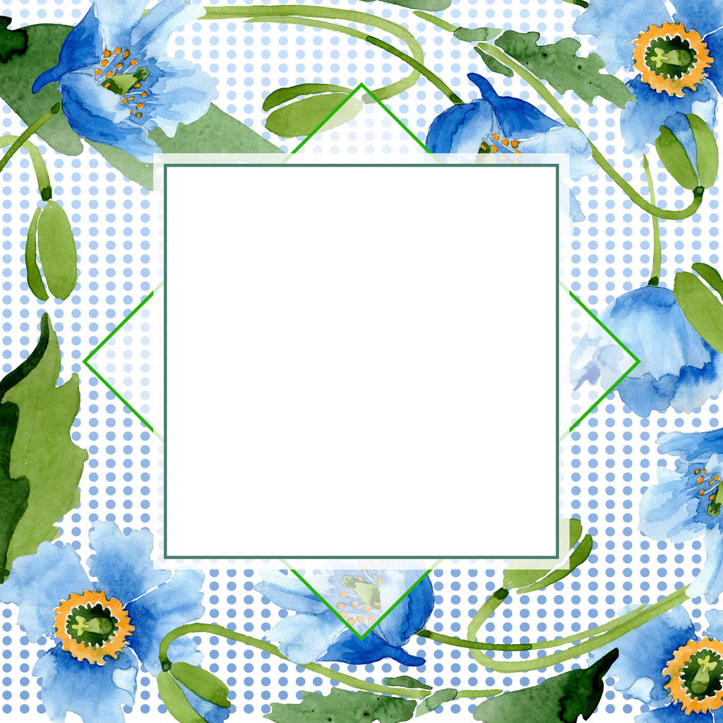 Kék mák, levelek, bimbók, négyzet alakú keret a másol hely elszigetelt fehér. Akvarell illusztráció készlet.   - Fotó, kép