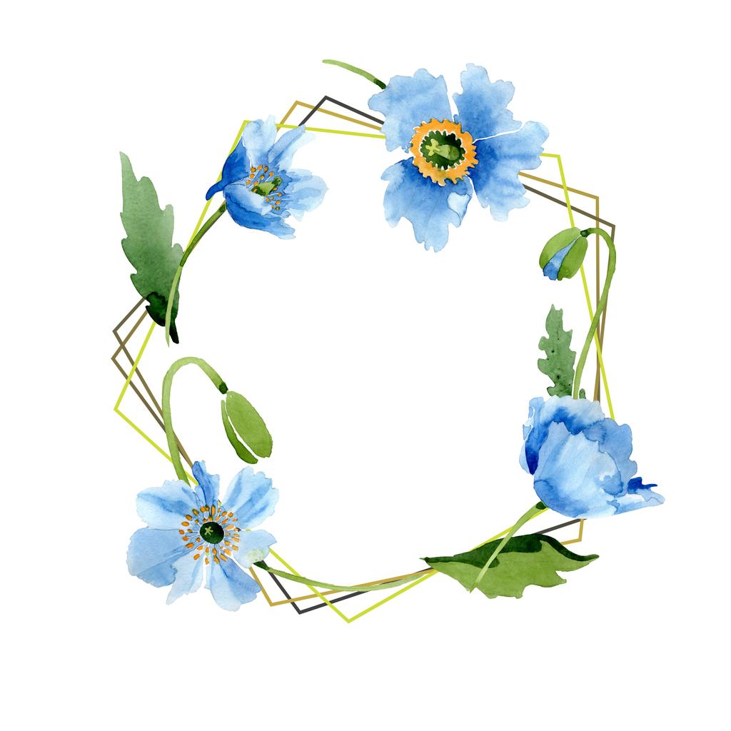 青いケシの花、葉および芽のフレームは白で隔離。水彩イラスト セット.   - 写真・画像