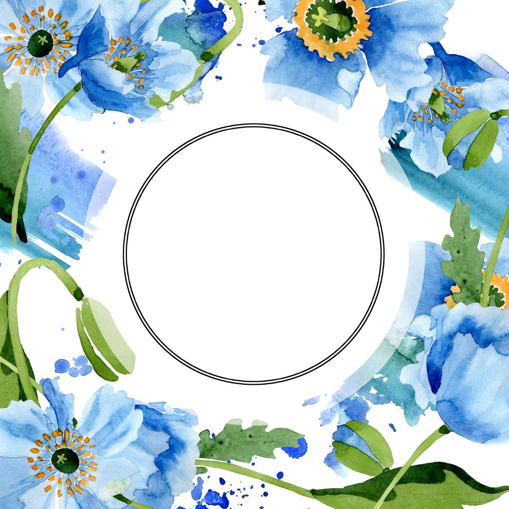 Blue poppies, leaves and buds near round frame isolated on white. Watercolor illustration set.   - Photo, Image