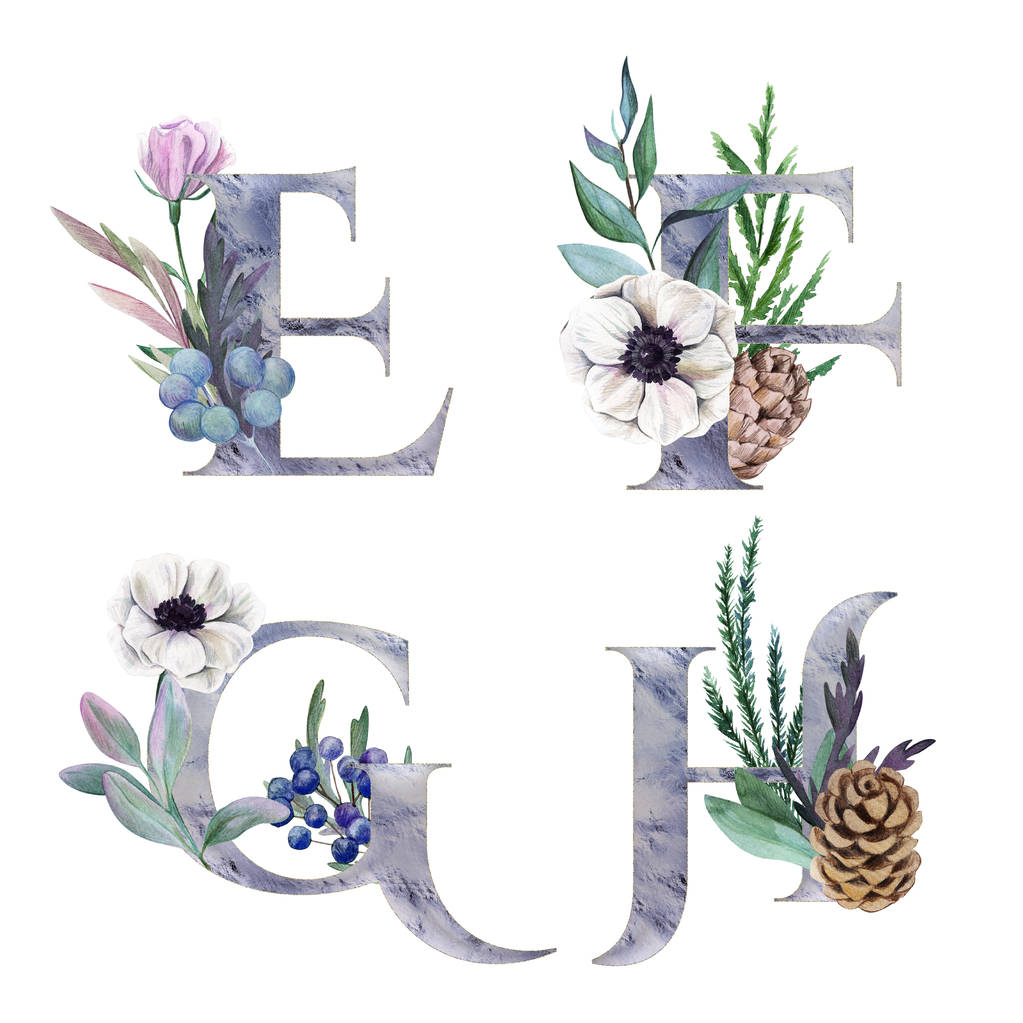  Alfabeto floral decorativo con letras plateadas y decoración botánica de acuarela
. - Foto, imagen