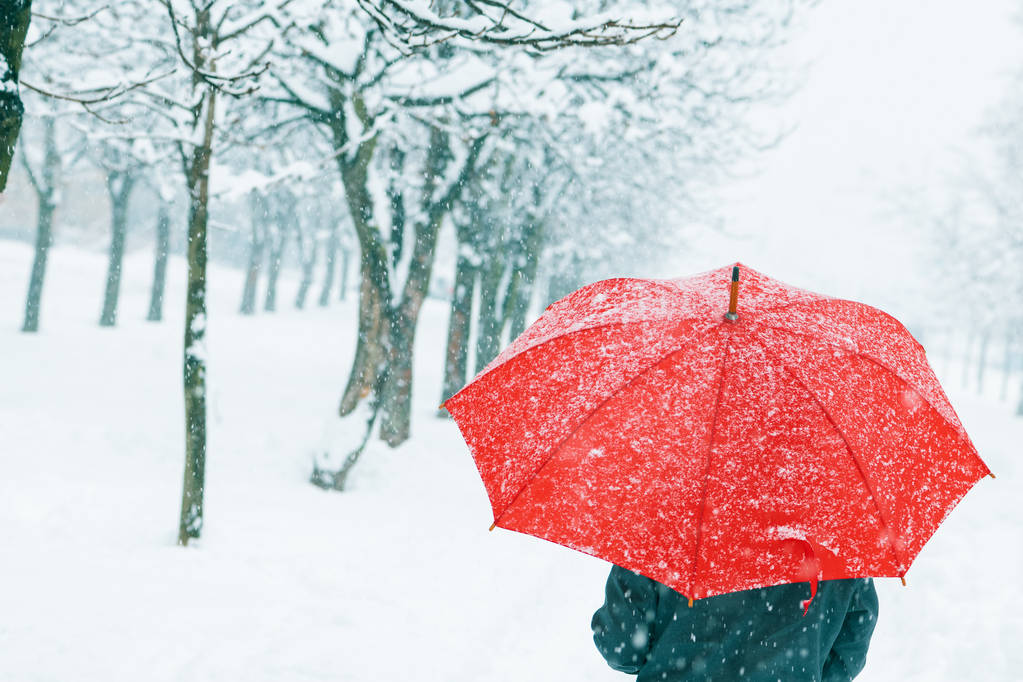 Mujer con paraguas rojo en la nieve disfrutando de la primera nevada de la temporada de invierno
 - Foto, Imagen