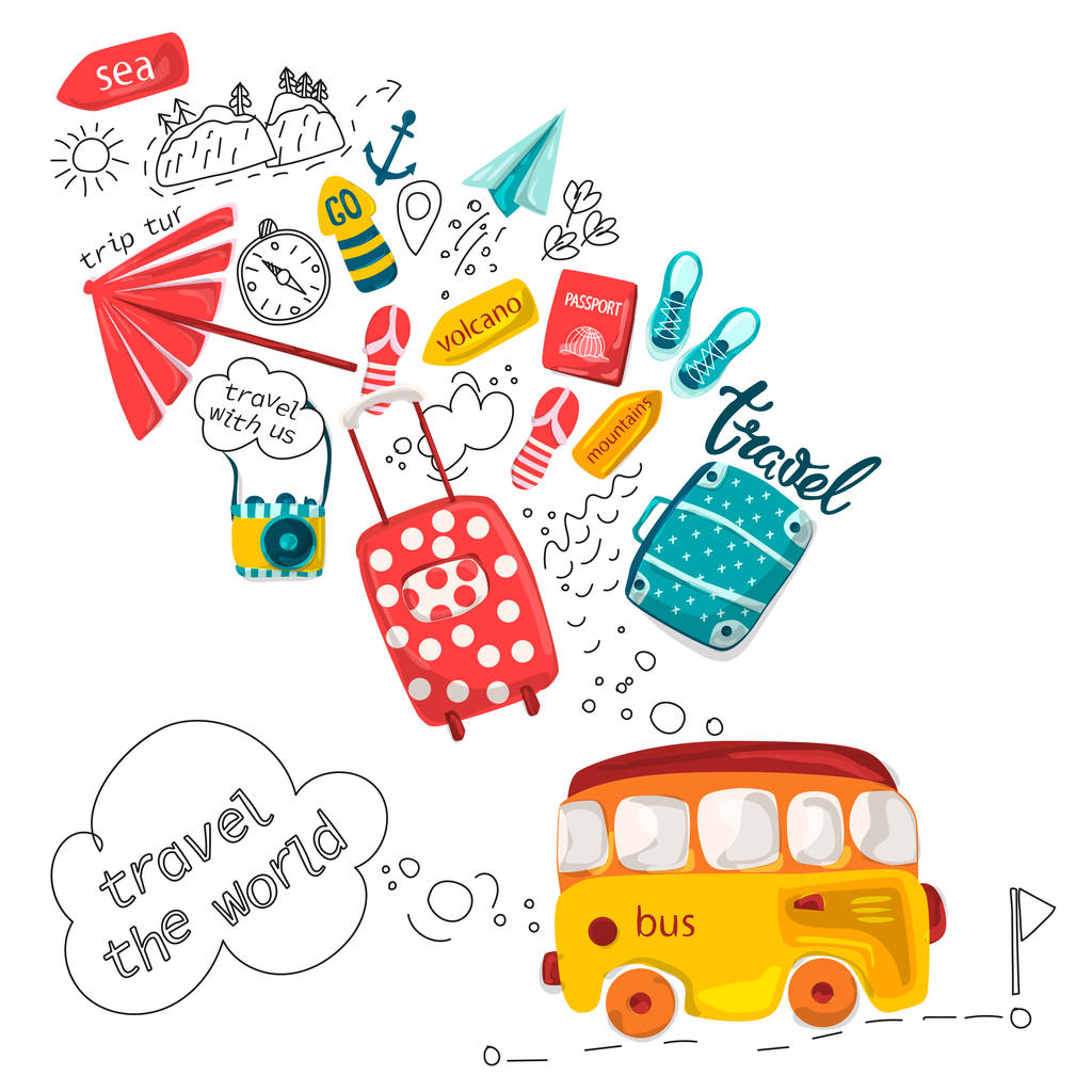 Vector illustration of a travel comic. Planning a summer vacation, adventure or business trip. Drawing objects travel and the passenger's baggage - Vector, Image