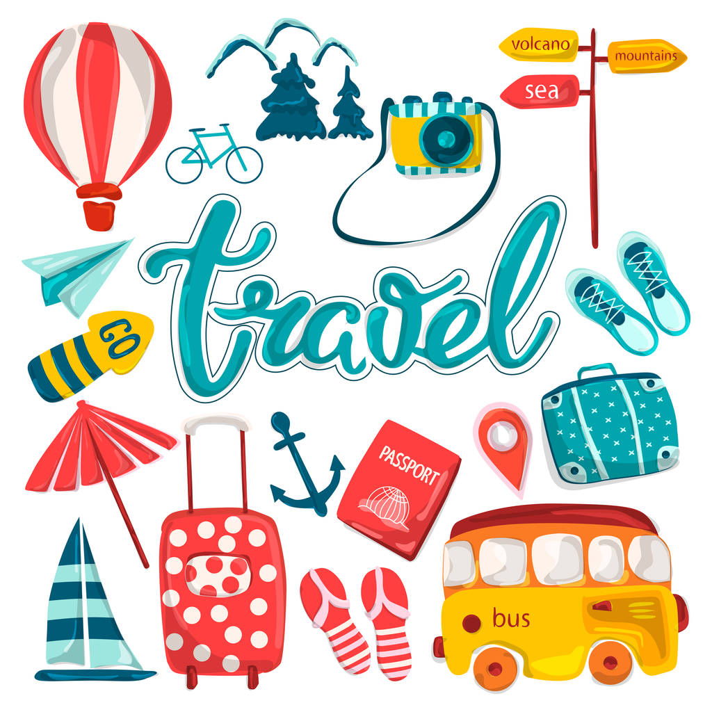 Una serie di elementi per viaggiare, pianificare le vacanze estive, avventura o viaggio d'affari. Icone dei cartoni animati disegnati a mano, oggetti turistici e bagagli dei passeggeri. Illustrazione vettoriale
 - Vettoriali, immagini