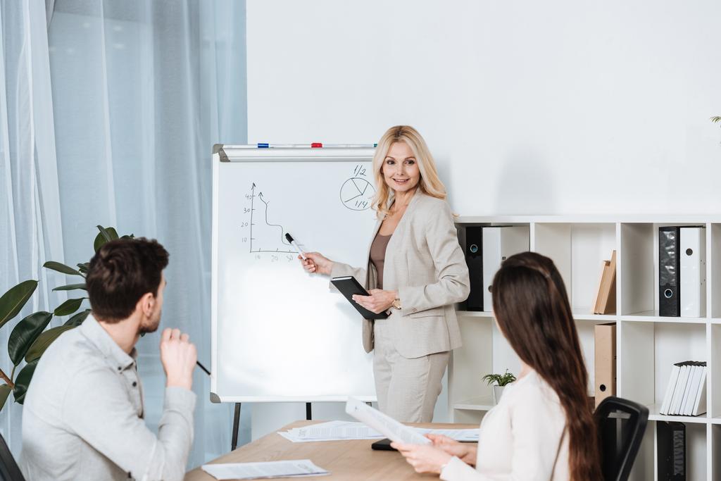 Lächelnde reife Geschäftsfrau zeigt auf Whiteboard und schaut junge Kollegen im Büro an - Foto, Bild