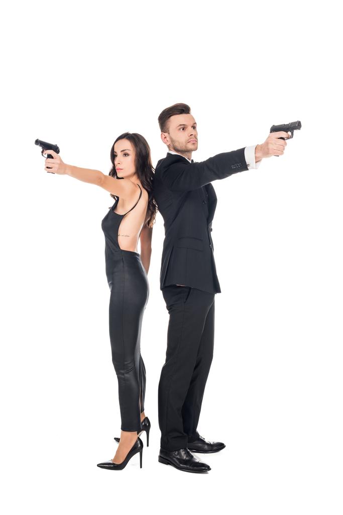 couple of secret agents aiming with weapon, isolated on white - Photo, Image