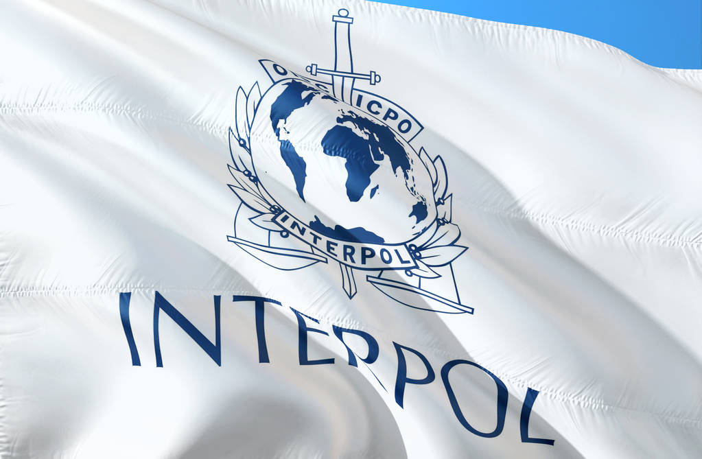 Interpol flaga macha na wietrze, renderowania 3d. Interpol Europy. Europie tajnych służb. Centralnej Agencji Wywiadowczej. Usługi zabezpieczeń i międzynarodowych inteligencji Moskwa, 1 stycznia 201 - Zdjęcie, obraz