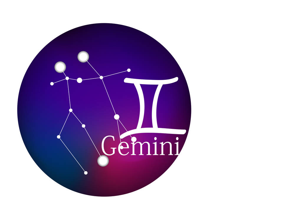 Signo del zodíaco Géminis para horóscopo, constelación y símbolo en marco redondo
 - Vector, Imagen