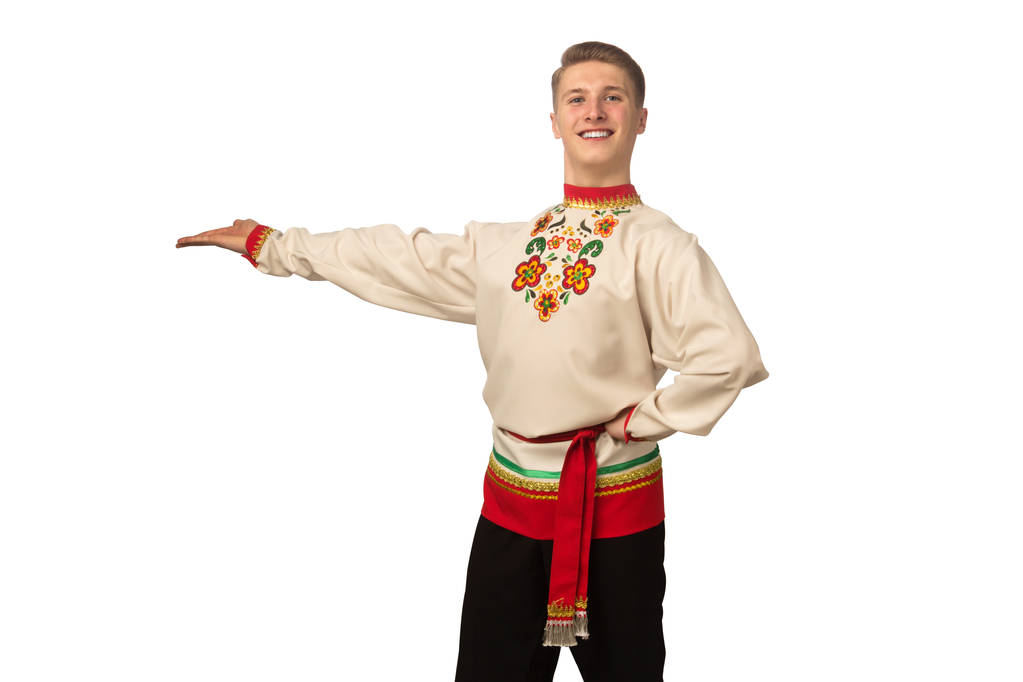 Çekici Rus adam halk içinde dans kostüm izole üzerinde beyaz arka plan - Fotoğraf, Görsel