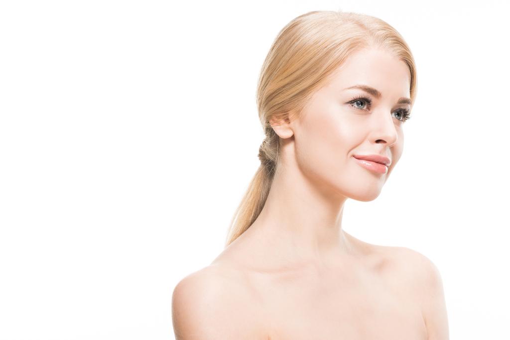 beautiful naked blonde woman smiling and looking away isolated on white  - Photo, Image