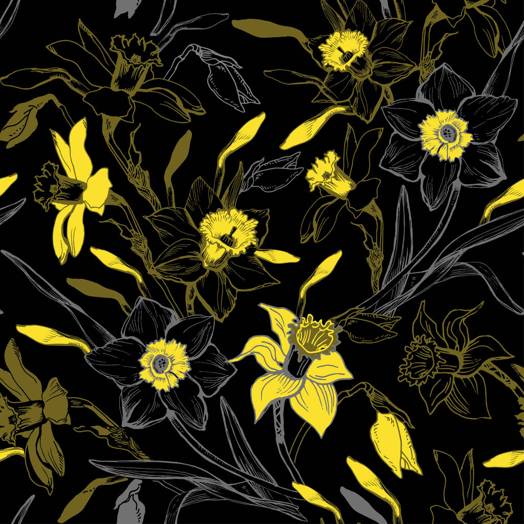 Ruční grafický vzor bezešvé s rukou nakreslené květy narcisů. - Vektor, obrázek