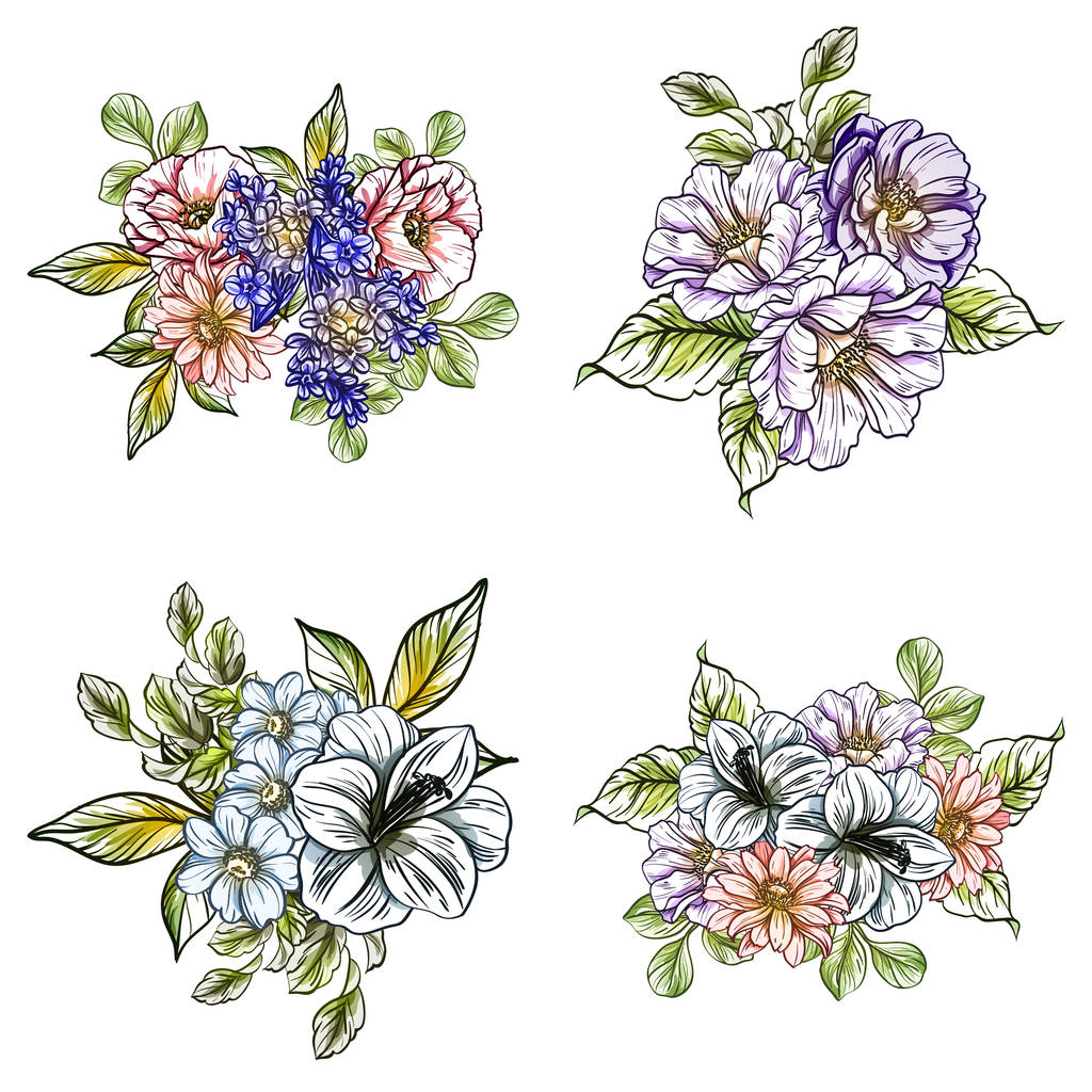 Bezszwowe stylu vintage kwiatki. Kwiatowy elementy w kolorze - Wektor, obraz
