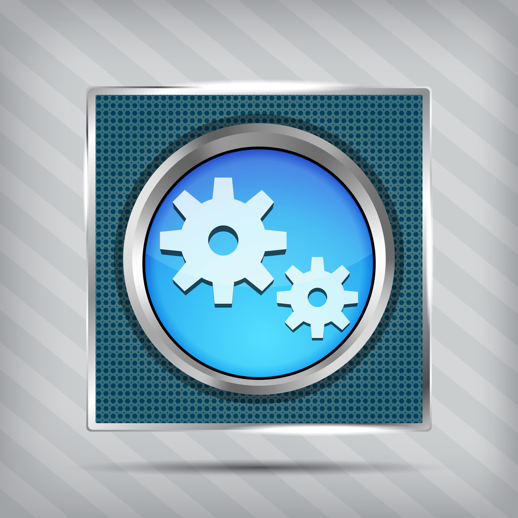 blue metallic icon with gear on knob on striped background - Vector, Image
