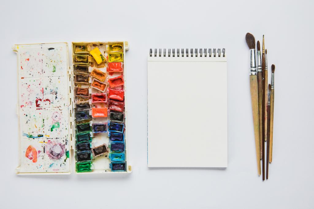 Beyaz arka plan üzerinde albüm suluboya boya ve boya fırçaları üstten görünüm - Fotoğraf, Görsel