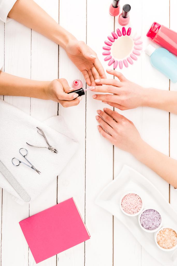 Flat lay with manicure instruments and nail polish palette - Photo, Image