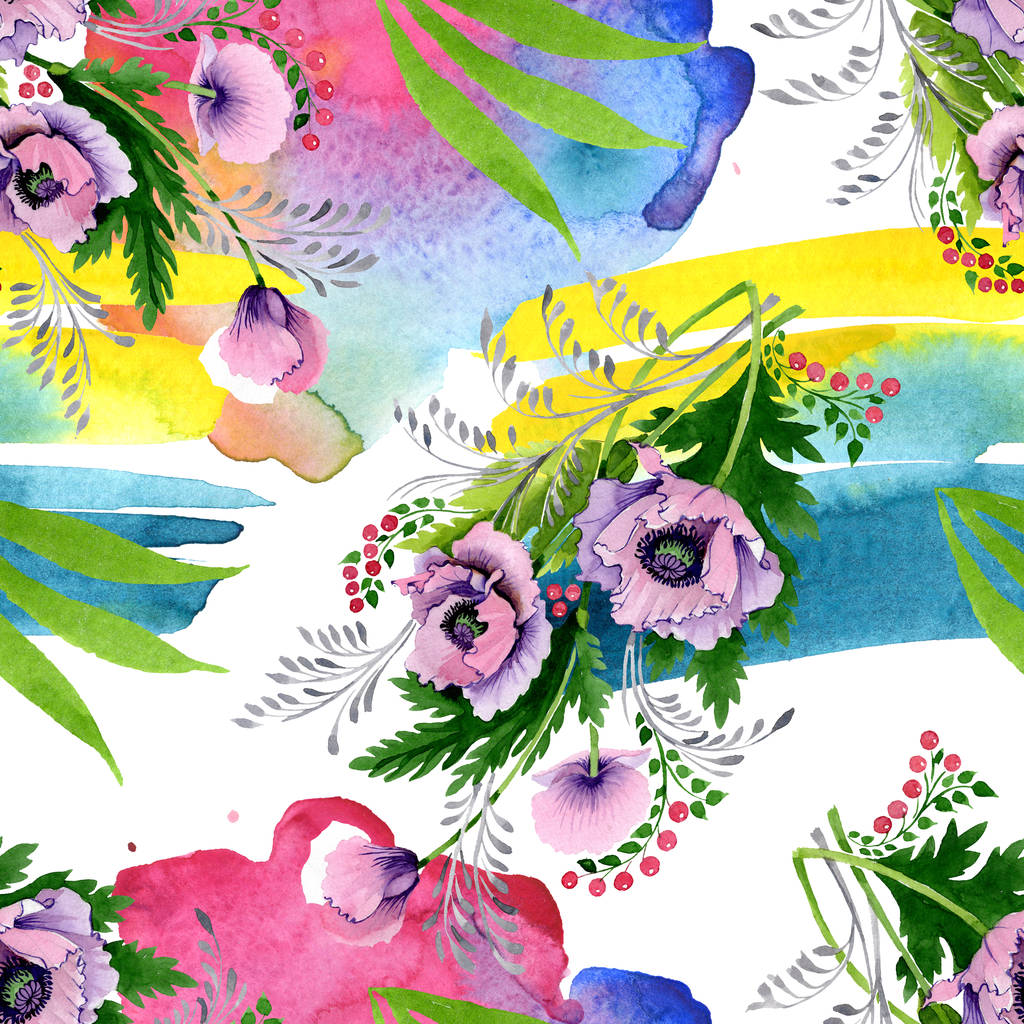 Rózsaszín és lila Pipacsok akvarell illusztráció készlet. Varratmentes háttérben minta. Anyagot a nyomtatási textúrát. - Fotó, kép