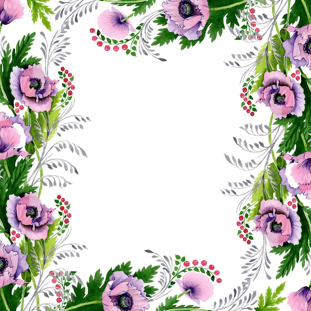 Coquelicots roses et violets isolés sur blanc. Ensemble d'illustration de fond aquarelle. Cadre bordure ornement avec espace de copie
. - Photo, image