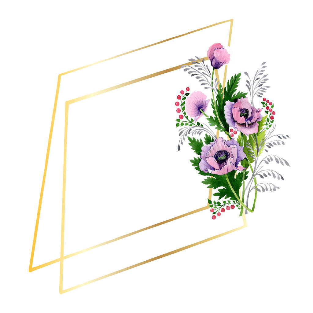 Roze en paarse papavers op wit wordt geïsoleerd. Aquarel achtergrond afbeelding instellen. Frame grens sieraad met kopie ruimte. - Foto, afbeelding