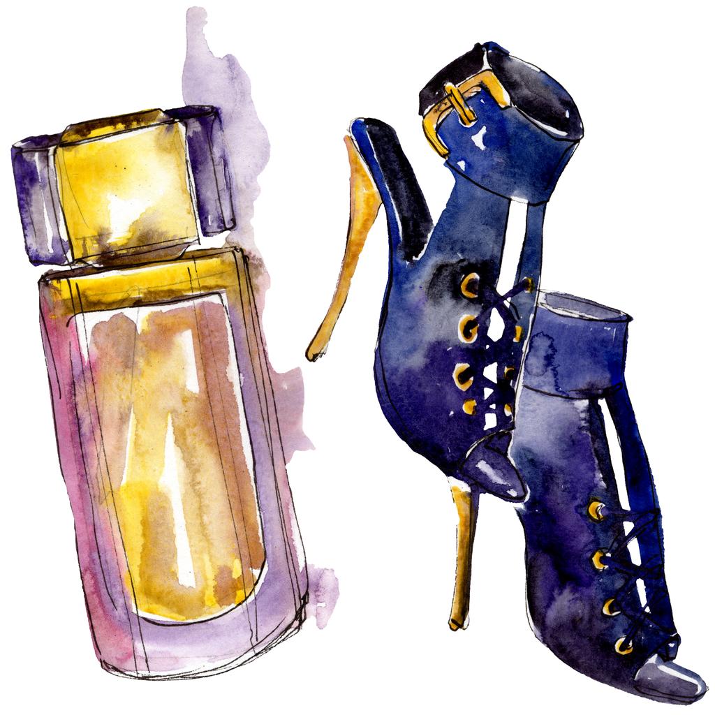 Parfume and shoes sketch fashion glamour illustration in a watercolor style isolated. Watercolour clothes accessories set trendy vogue outfit. Aquarelle fashion sketch for background, texture. - Photo, Image