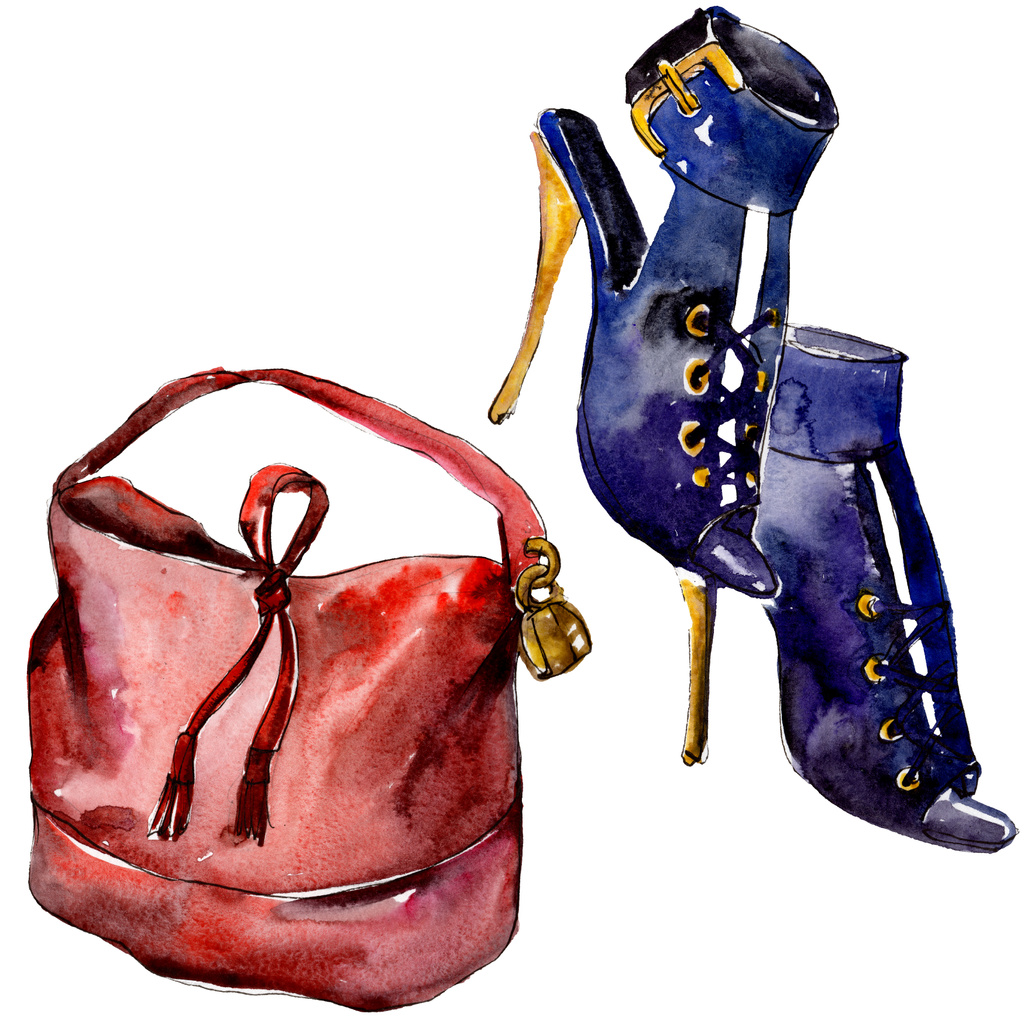 Tas en schoenen schetsen mode glamour illustratie in een aquarel stijl geïsoleerd. Aquarel kleding accessoires instellen trendy vogue outfit. Aquarelle mode schets voor achtergrond, textuur. - Foto, afbeelding