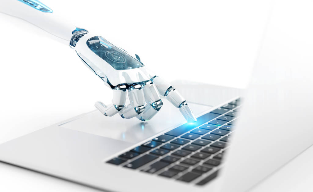 weiße Roboter-Cyborg-Hand drückt eine Tastatur auf einem Laptop 3D-Rendering - Foto, Bild