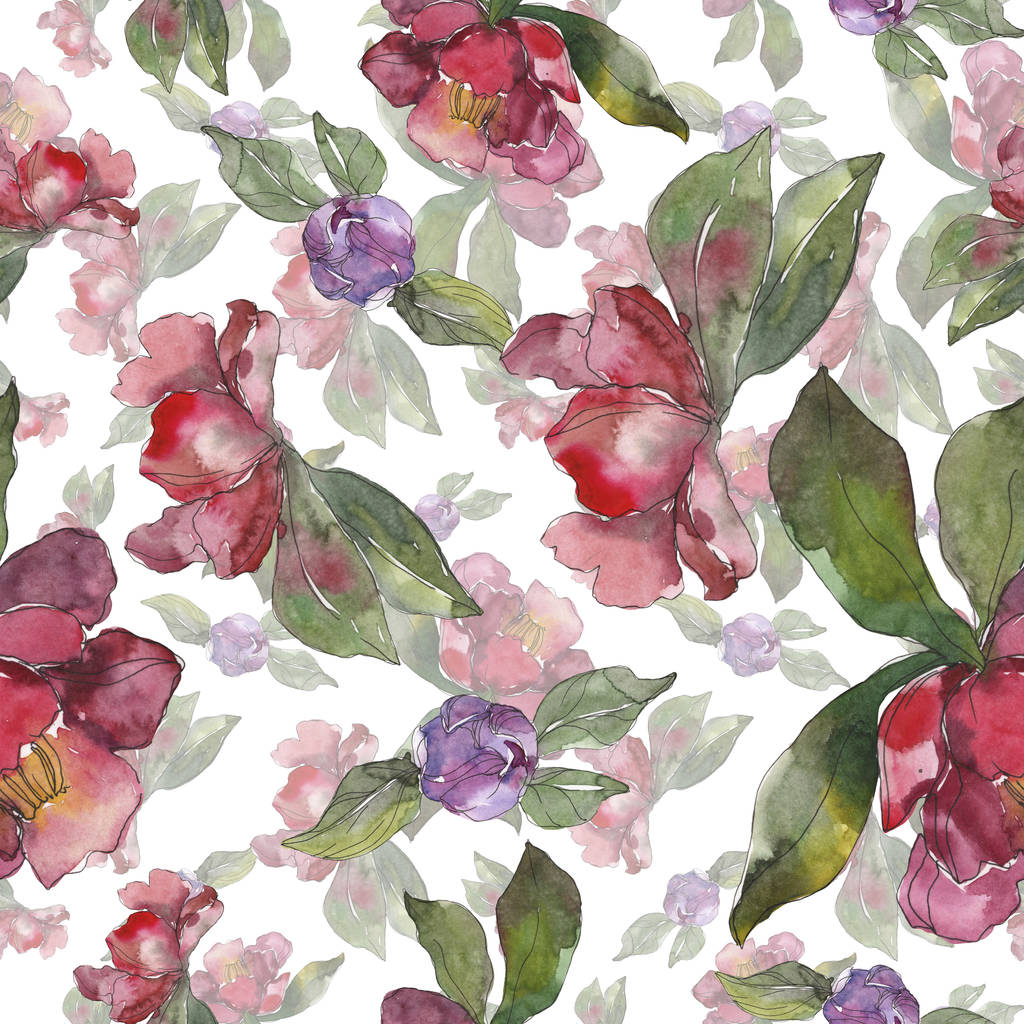 Camellia rode en paarse bloemen. Aquarel illustratie set. Naadloze achtergrondpatroon. Structuur behang print textuur. - Foto, afbeelding