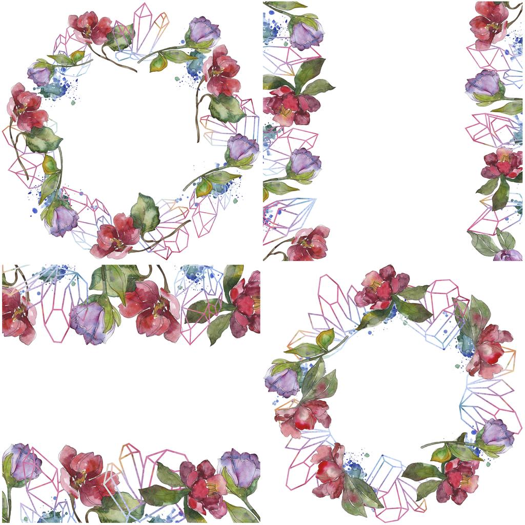 Fleurs de camélia rouge et violet. Ensemble d'illustration de fond aquarelle. Cadre bordure ornement avec espace de copie
. - Photo, image