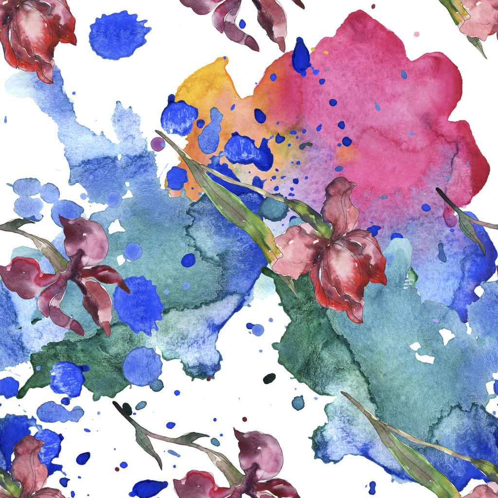 Purplr ahd red irises flower. Wild spring leaf wildflower. Watercolor illustration set. Watercolour drawing fashion aquarelle isolated. Seamless background pattern. Fabric wallpaper print texture. - Photo, Image
