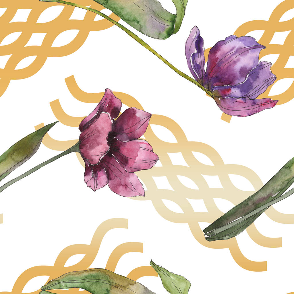 Fiori botanici floreali di tulipano viola. Foglia selvatica primaverile isolata. Set illustrazione acquerello. Acquerello disegno moda acquerello. Modello di sfondo senza soluzione di continuità. Tessuto carta da parati stampa texture
. - Foto, immagini