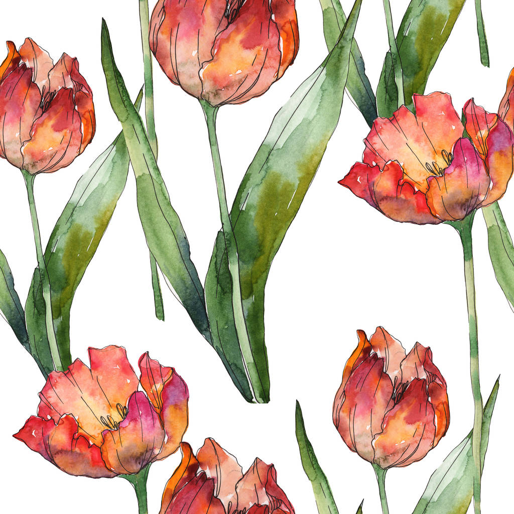 Elszigetelt tulipán zöld levelek varratmentes háttérben mintával. Szövet nyomtatási textúrát. Akvarell illusztráció készlet.  - Fotó, kép