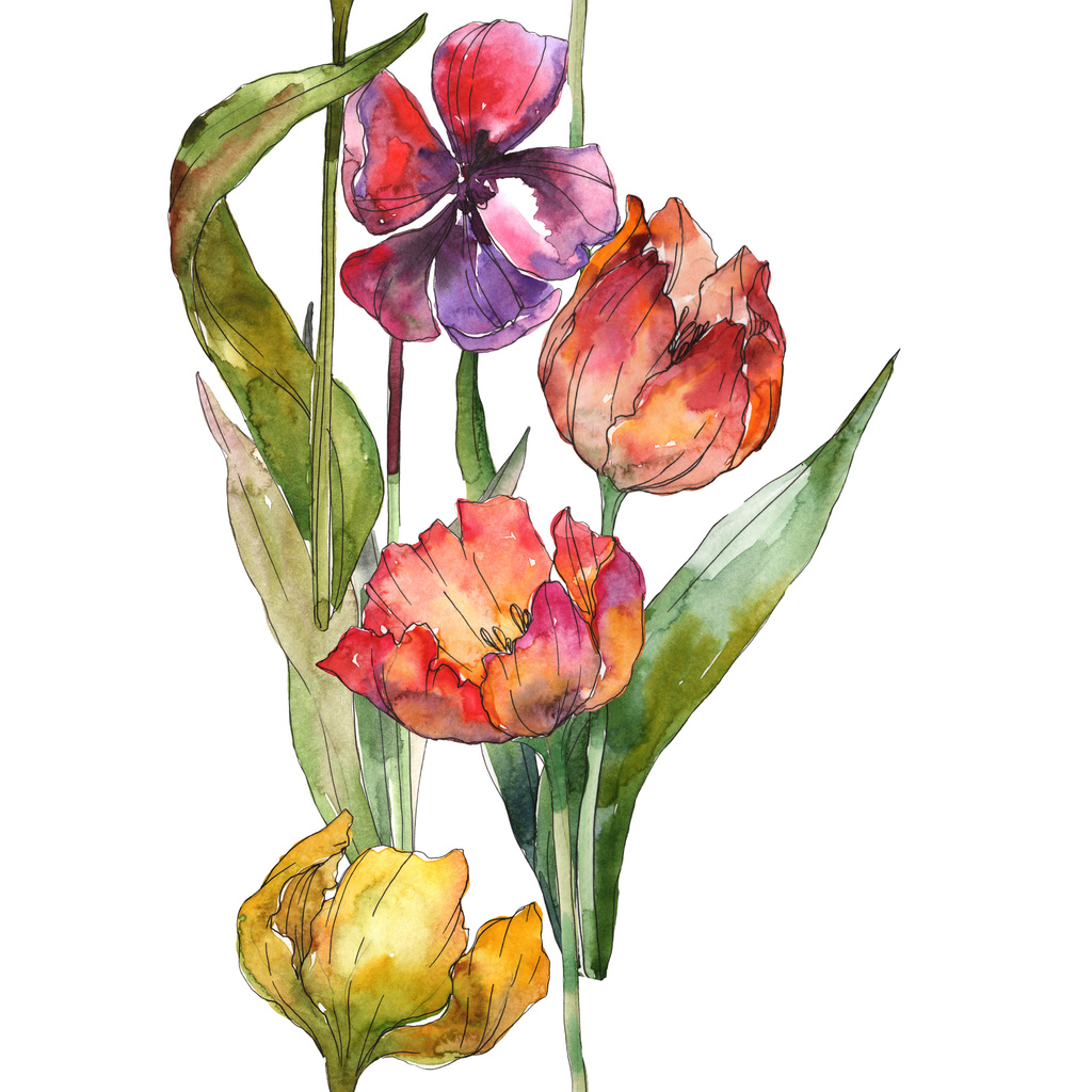 isolierte Tulpen mit grünen Blättern nahtlos Hintergrundmuster. Textur für Stofftapeten. Aquarell-Illustrationsset.  - Foto, Bild