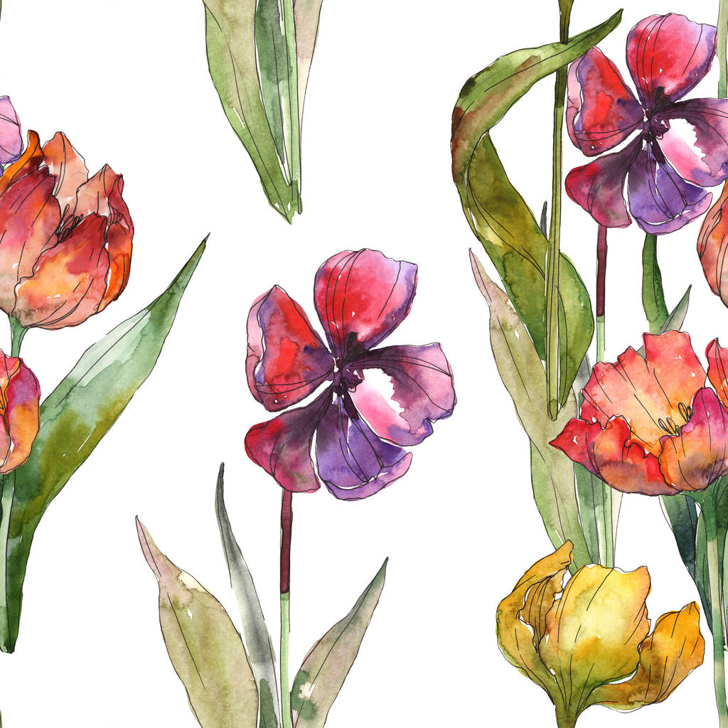 Izolované tulipány s vzor bezešvé pozadí zelených listů. Fabric tapety tisku texturu. Sada akvarel ilustrace.  - Fotografie, Obrázek