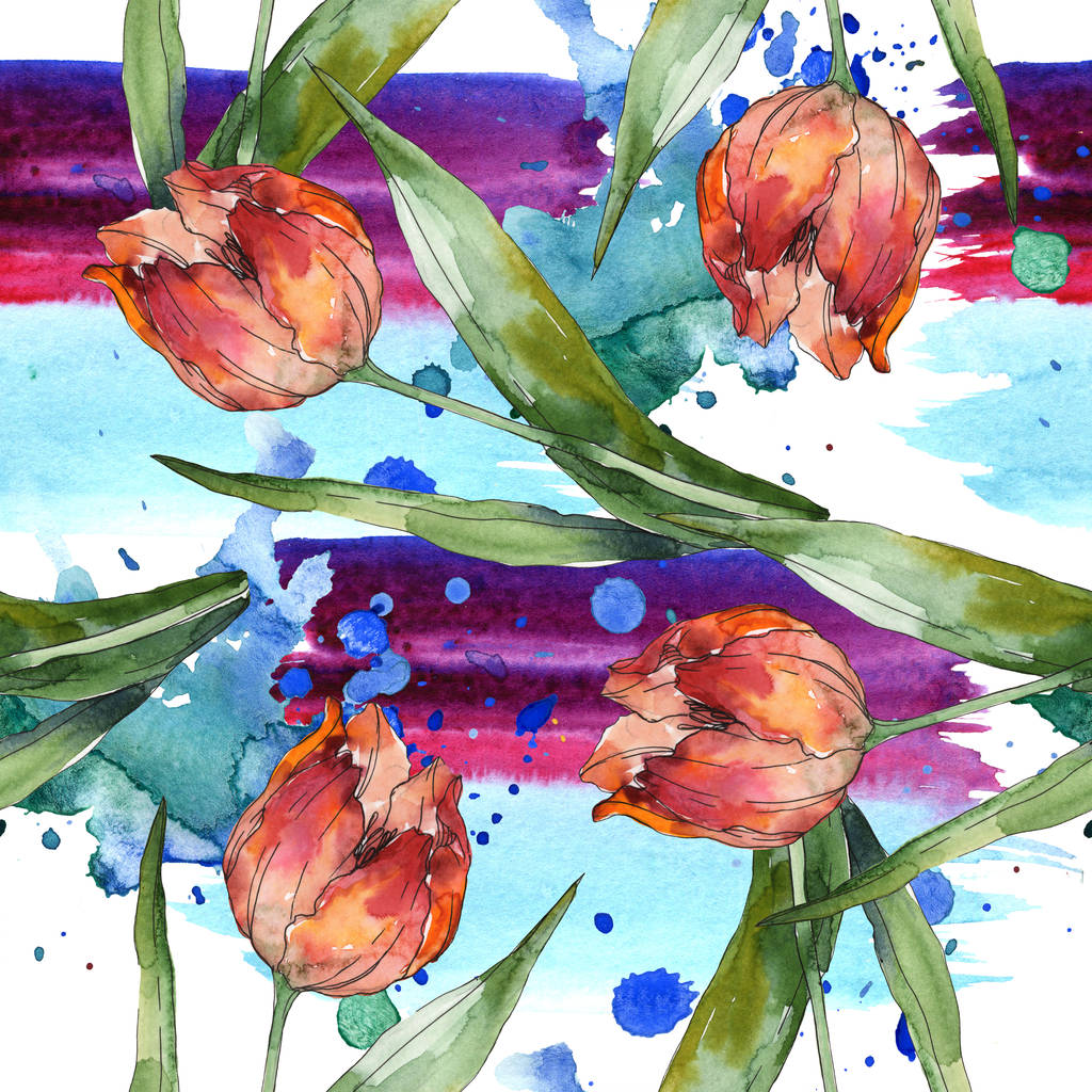 Tulipanes con hojas verdes y patrón abstracto de fondo sin costuras. Textura de impresión de papel tapiz de tela. Juego de ilustración en acuarela
.  - Foto, imagen