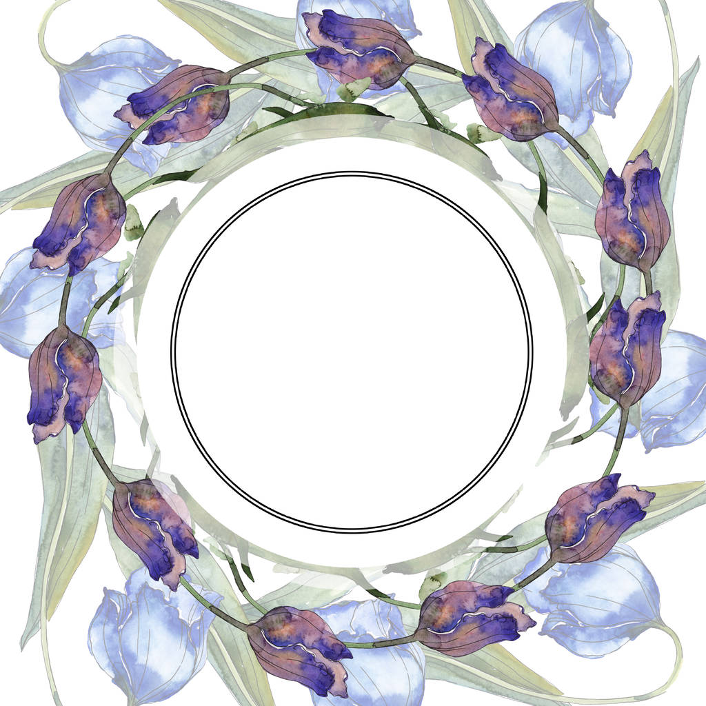 Purple and blue tulips watercolor background illustration set. Frame border ornament with copy space. - Photo, Image