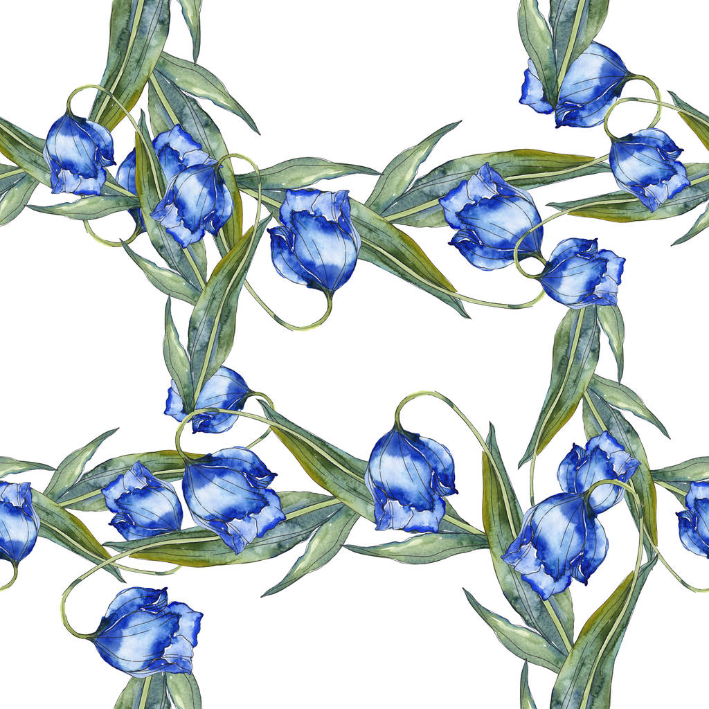 Conjunto de ilustrações em aquarela de tulipas roxas e azuis. Padrão de fundo sem costura. Tecido papel de parede impressão textura
. - Foto, Imagem