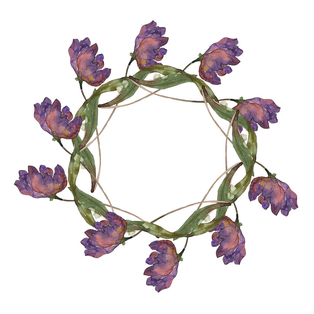 Paarse en blauwe tulpen aquarel achtergrond afbeelding instellen. Frame grens sieraad met kopie ruimte. - Foto, afbeelding