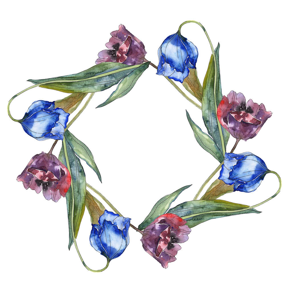 Lila und blaue Tulpen Aquarell Hintergrund Illustrationsset. Rahmen-Bordüre mit Kopierraum. - Foto, Bild