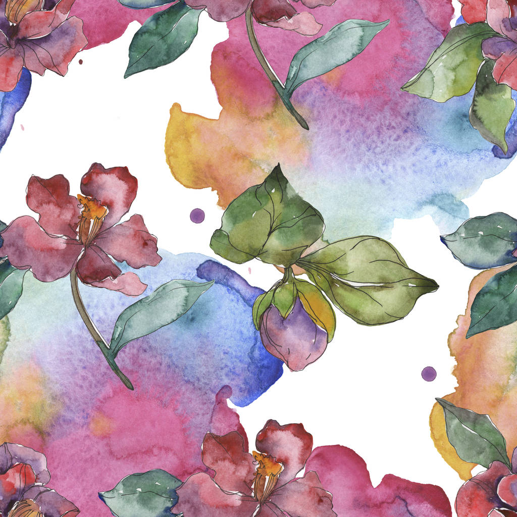 Red and purple camellia flowers. Watercolor illustration set. Seamless background pattern. Fabric wallpaper print texture. - Photo, Image
