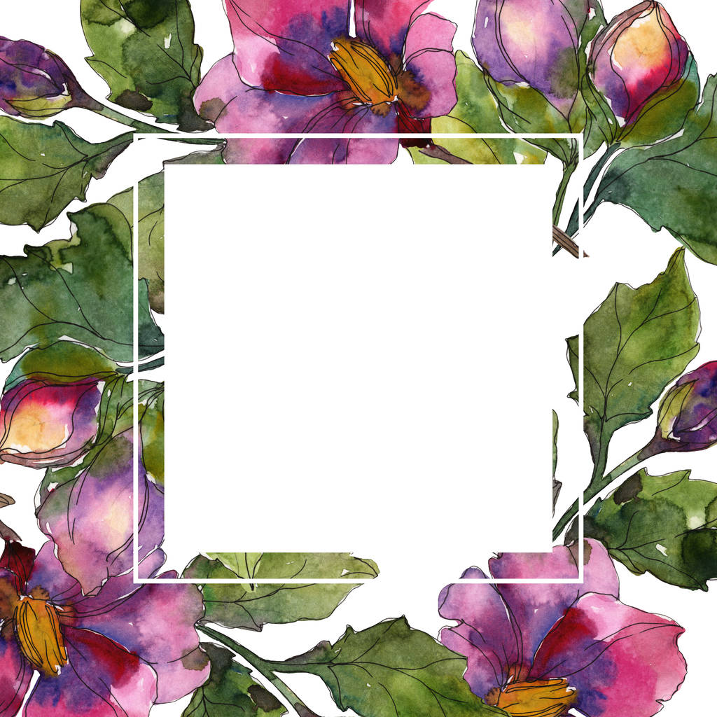 赤と紫の椿の花。水彩画背景イラスト セット。コピーの領域でフレーム枠飾り. - 写真・画像