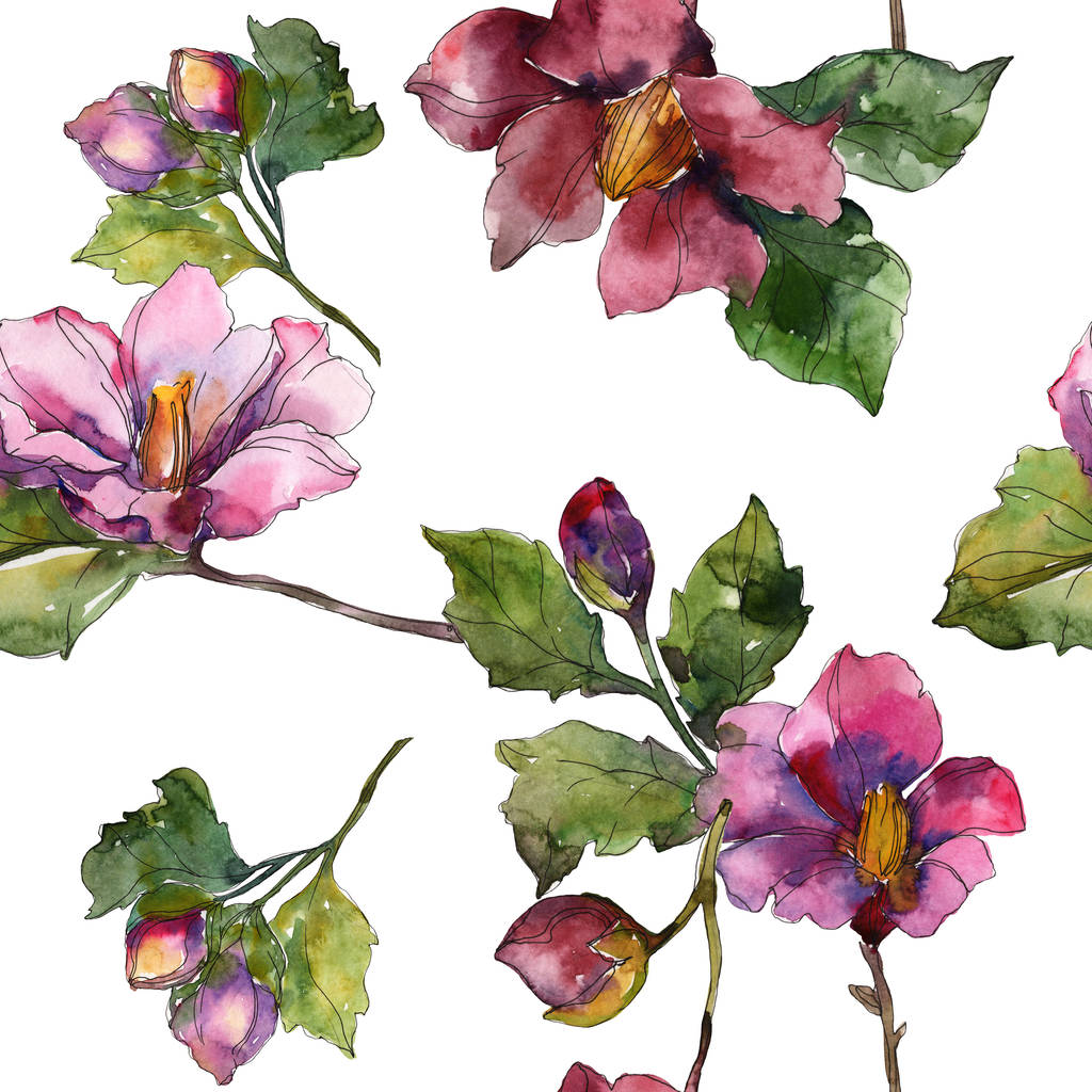 Camellia rode en paarse bloemen. Aquarel illustratie set. Naadloze achtergrondpatroon. Structuur behang print textuur. - Foto, afbeelding