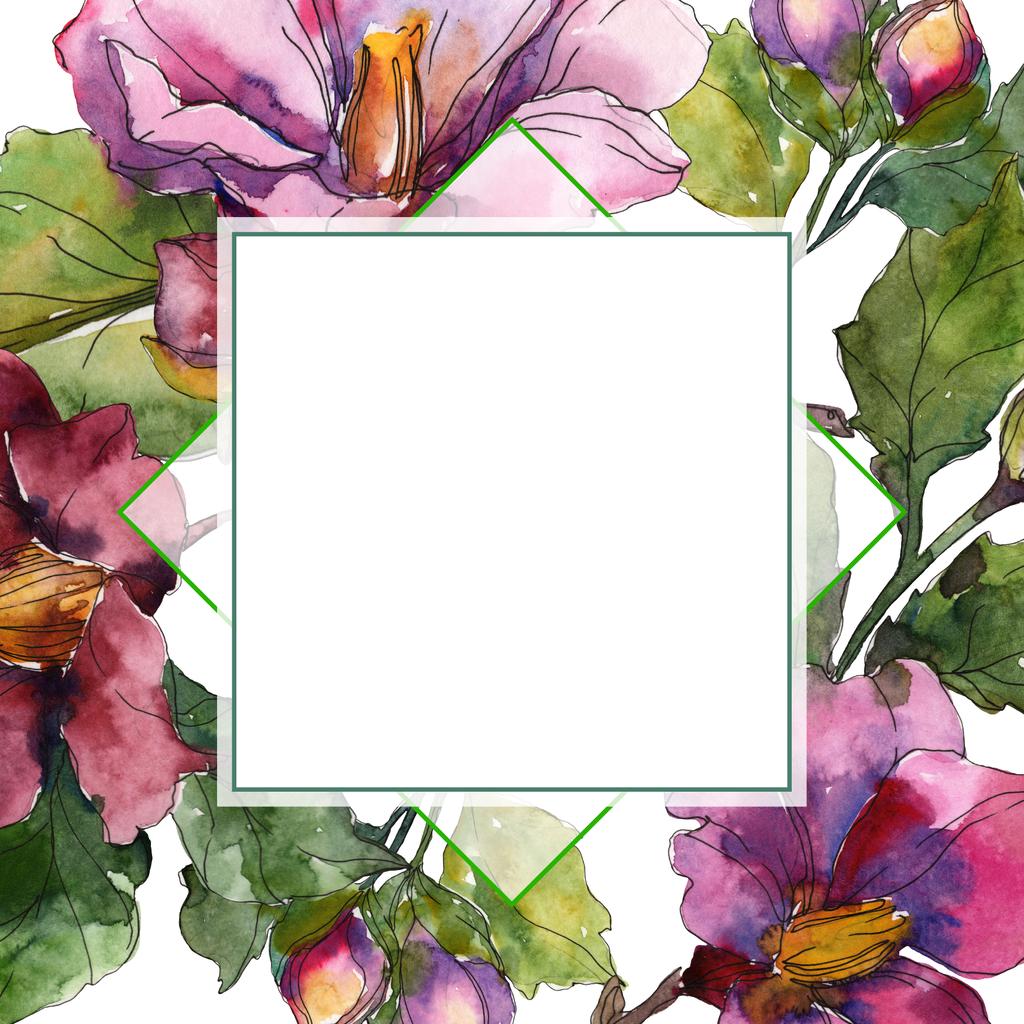 Red and purple camellia flowers. Watercolor background illustration set. Frame border ornament with copy space. - Photo, Image